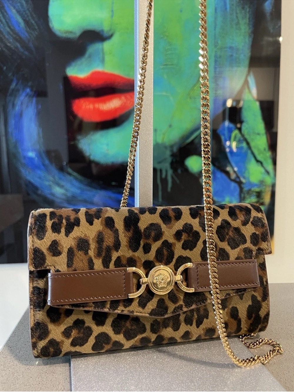 Versace Leopard Print Shoulder Bag with Gold Chain $1575
